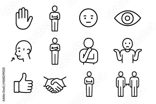 Nonverbal Icons Grid. Outline icon set of nonverbal communication: gesture hand, body posture, facial