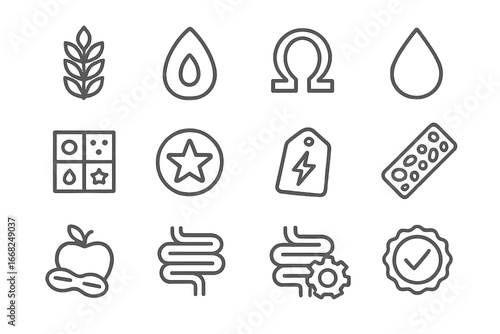 Nutrient Icon Set. Outline icon set of nutrient-packed snacks: fiber icon, iron-rich seed, omega symbol,
