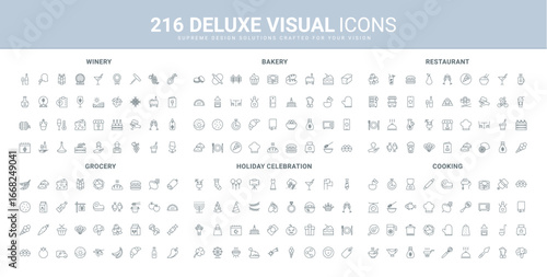 Grocery store, healthy food recipe and delivery, dinner and event celebration in restaurant line icon set. Wine and fastfood menu to eat and cook thin black outline symbols vector illustration