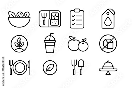Nutrition Icon Set. Outline icon set of nutrition and sobriety: fresh salad, meal prep box, grocery list,