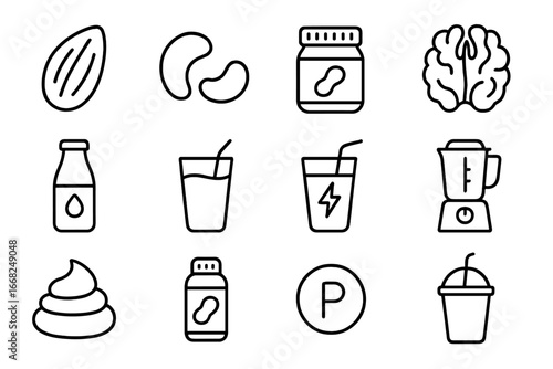 Nutty Smoothie Icon Set. Outline icon set of nutty smoothie recipes: almond, cashew, peanut butter jar, walnut