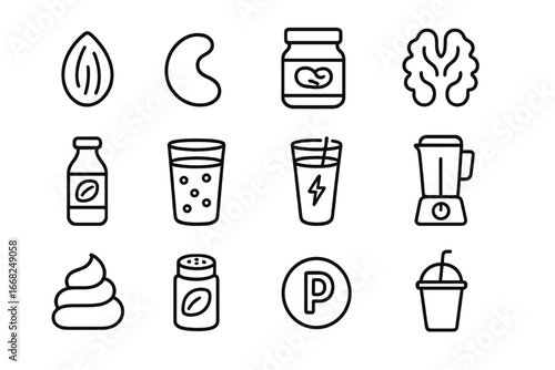 Nutty Smoothie Icon Set. Outline icon set of nutty smoothie recipes: almond, cashew, peanut butter jar, walnut
