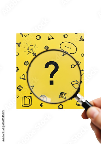Magnifying glass over a yellow sticky note with a question mark and various icons, representing inquiry and discovery