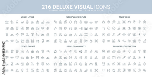 Business teamwork, city infrastructure and services, community members, human group and participants of office team line icon set. Workplace culture thin black outline symbols vector illustration