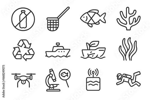Ocean Conservation Icons. Outline icon set of ocean conservation: plastic ban, clean-up net, endangered fish,