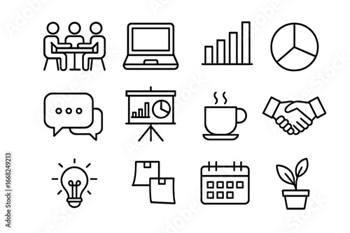 Office Icons Grid. Outline icon set of office workers discussing marketing strategies: meeting table, laptop,