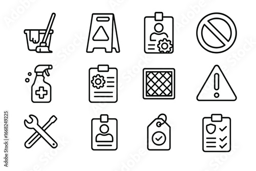 Office Maintenance Icons. Outline icon set of office maintenance signage: cleaning in progress, wet floor sign