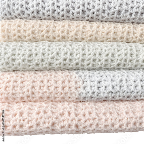 A neat stack of folded waffle weave blankets in soft, muted pastel colors. Close-up showcasing the cozy honeycomb texture of the textiles