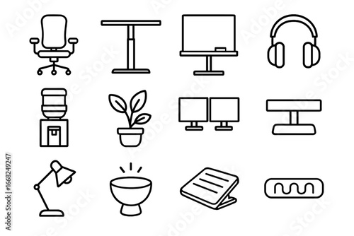 Office Icon Set. Outline icon set of office productivity boosters: ergonomic chair, standing desk, whiteboard,