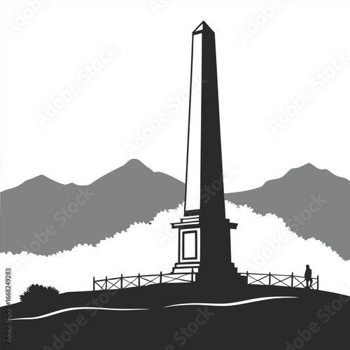 Ancient obelisk in mountain valley silhouette