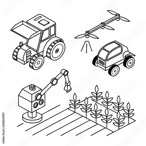Isometric line art illustration of agricultural machinery and crops on white background agriculture
