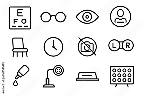 Ophthalmology Icon Set. Outline icon set of ophthalmology office signs: eye chart, glasses icon, eye exam