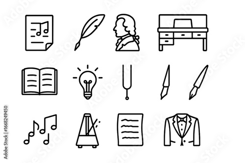 Opera Composer Icons. Outline icon set of famous opera composers: sheet with notes, ink quill, profile bust,