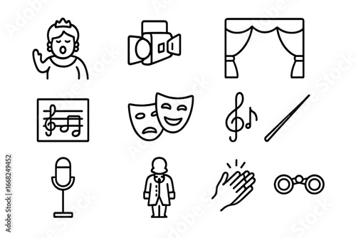 Opera Icon Set. Outline icon set of opera singers and performances: opera singer, stage spotlight, grand piano