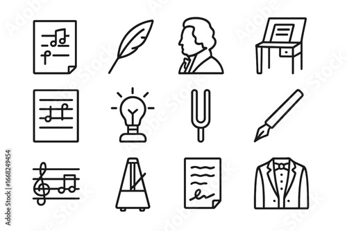 Opera Composer Icons. Outline icon set of famous opera composers: sheet with notes, ink quill, profile bust,