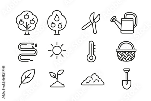 Orchard Technique Icons. Outline icon set of orchard adaptation techniques: apple tree, pear tree, pruning
