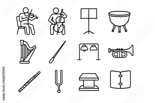 Orchestra Icon Set. Outline icon set of orchestra and pit musicians: violinist, cellist, sheet music stand,