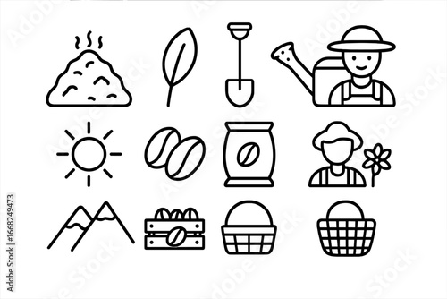 Organic Coffee Icons. Outline icon set of organic soil management for coffee: compost heap, leaf, shovel,