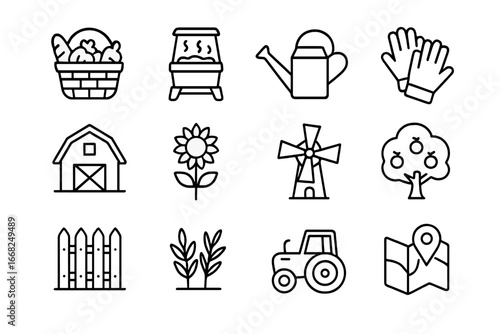 Organic Farming Icons. Outline icon set of organic farming tours: vegetable basket, compost bin, watering can,