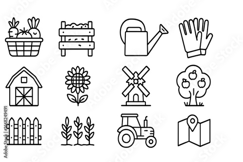 Organic Farming Icons. Outline icon set of organic farming tours: vegetable basket, compost bin, watering can,
