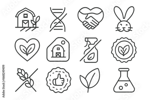 Organic Icons Collection. Outline icon set of organic product labels: organic farm icon, non-GMO label, fair