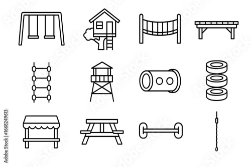 Outdoor Play Icons. Outline icon set of outdoor play structures: swing set, tree fort, rope bridge, wooden