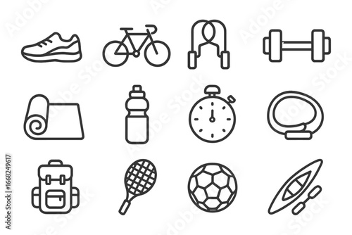 Outdoor Sports Icon Set. Outline icon set of outdoor sports and fitness activities: running shoes, bicycle,
