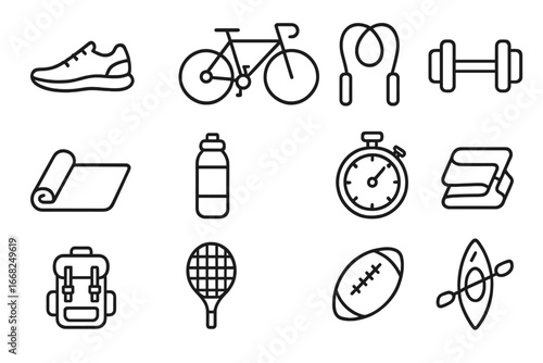 Outdoor Sports Icon Set. Outline icon set of outdoor sports and fitness activities: running shoes, bicycle,