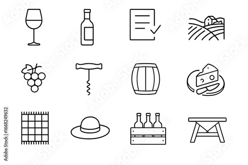 Outdoor Wine Tasting Icons. Outline icon set of outdoor wine tasting: wine glass, wine bottle, tasting notes,