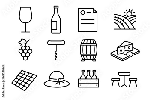 Outdoor Wine Tasting Icons. Outline icon set of outdoor wine tasting: wine glass, wine bottle, tasting notes,