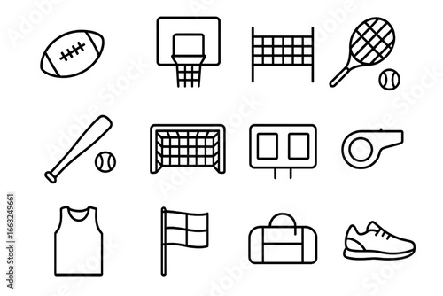 Outdoor Team Sports Icons. Outline icon set of team sports outdoors: football, basketball hoop, volleyball net