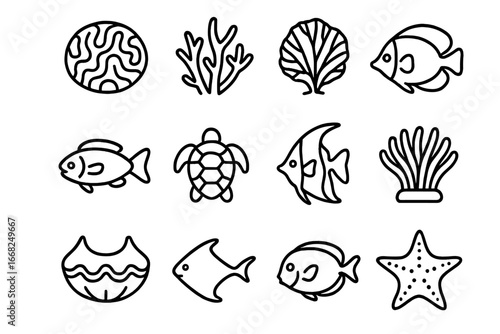Pacific Coral Icon Grid. Outline icon set of Pacific coral ecosystems: brain coral, staghorn coral, fan coral,