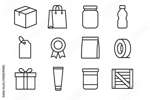Packaging Icon Set. Outline icon set of product packaging design: cardboard box, paper bag, glass jar, plastic