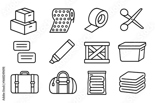 Packing Essentials Icons. Outline icon set of packing and organizing: cardboard boxes, bubble wrap, packing
