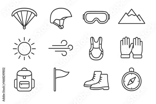 Paragliding Adventure Icons. Outline icon set of paragliding adventures: paraglider, helmet, goggles, mountain