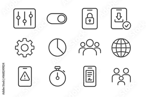 Parental Control Icons. Outline icon set of mobile parental interface: control panel, toggle switch, lock