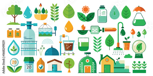 Collection of flat design icons representing nature agriculture and science with green blue and orange colors