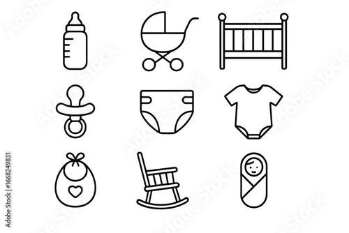 Parenthood Essentials Icons. Outline icon set of parenthood daily life: baby bottle, stroller, crib, pacifier,