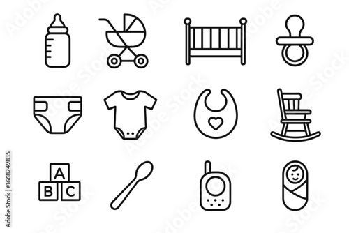 Parenthood Essentials Icons. Outline icon set of parenthood daily life: baby bottle, stroller, crib, pacifier,