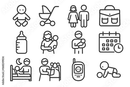 Parenting Equality Icons. Outline vector icons of parenting equality: baby icon, stroller, mom and dad, diaper