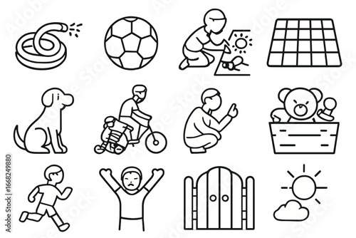 Parenting Moments Icons. Outline icon set of parenting moments in the yard: garden hose, soccer ball, chalk