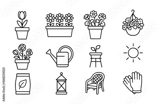 Patio Plant Icons. Outline icon set of flowering patio plants: potted tulip, daisy planter, geranium pot,