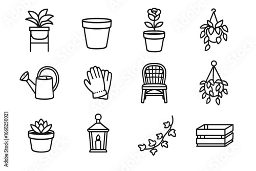Patio Plant Icon Set. Outline icon set of patio plant arrangements: planter stand, terracotta pot, potted rose