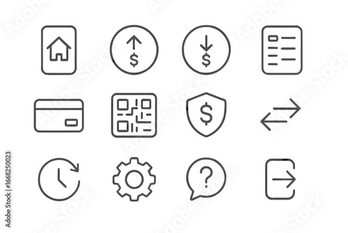 Payment App Icon Set. Outline icon set of payment app interface: home screen, send money button, request money