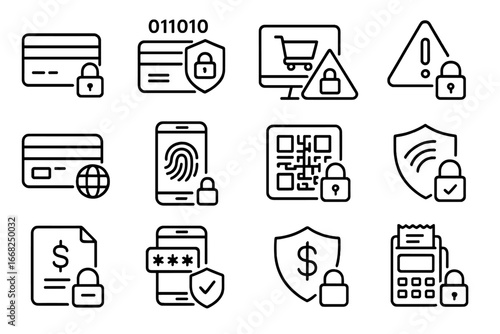 Payment Security Icons. Outline icon set of payment system security: payment lock, encrypted credit card,