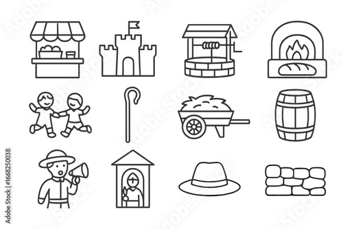 Peaceful Kingdom Icons. Outline icon set of kingdom at peace: village market, castle banner, water well, baker