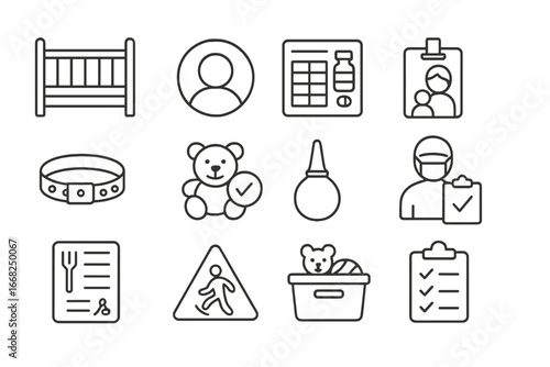 Pediatric Safety Icons. Outline vector icons of pediatric patient safety: crib rails, age ID icon, medication