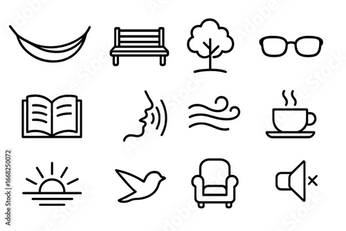 Peaceful Reading Icons. Outline icon set of peaceful reading spaces: hammock icon, garden bench, tree shadow,