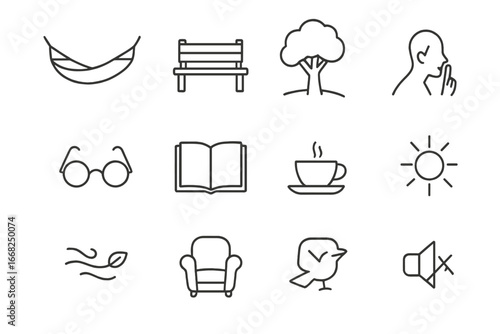 Peaceful Reading Icons. Outline icon set of peaceful reading spaces: hammock icon, garden bench, tree shadow,