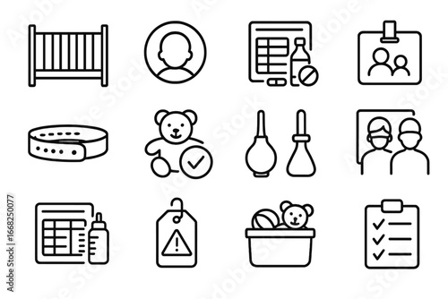 Pediatric Safety Icons. Outline vector icons of pediatric patient safety: crib rails, age ID icon, medication